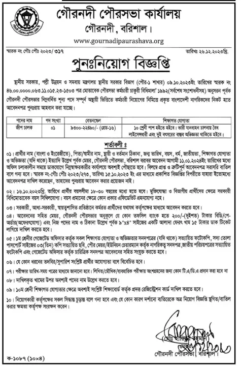 Gournadipaurashava Job Circular 2024
