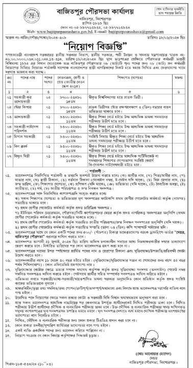 বাজিতপুর পৌরসভা কার্যালয় নিয়োগ বিজ্ঞপ্তি ২০২৪ - Bajitpur Pourashava Job Circular 2024